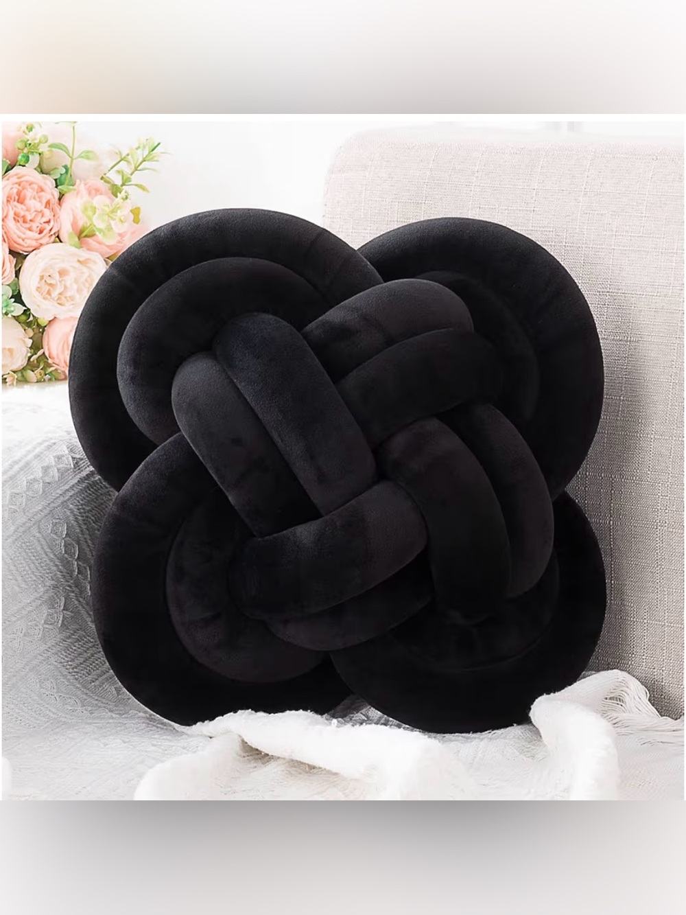 Black velvet knotted pillow: 12 x 12”